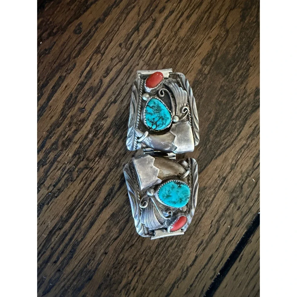 Vintage Navajo Sterling Silver Turquoise Coral Bear Claw Watch Band Old Pawn DDC